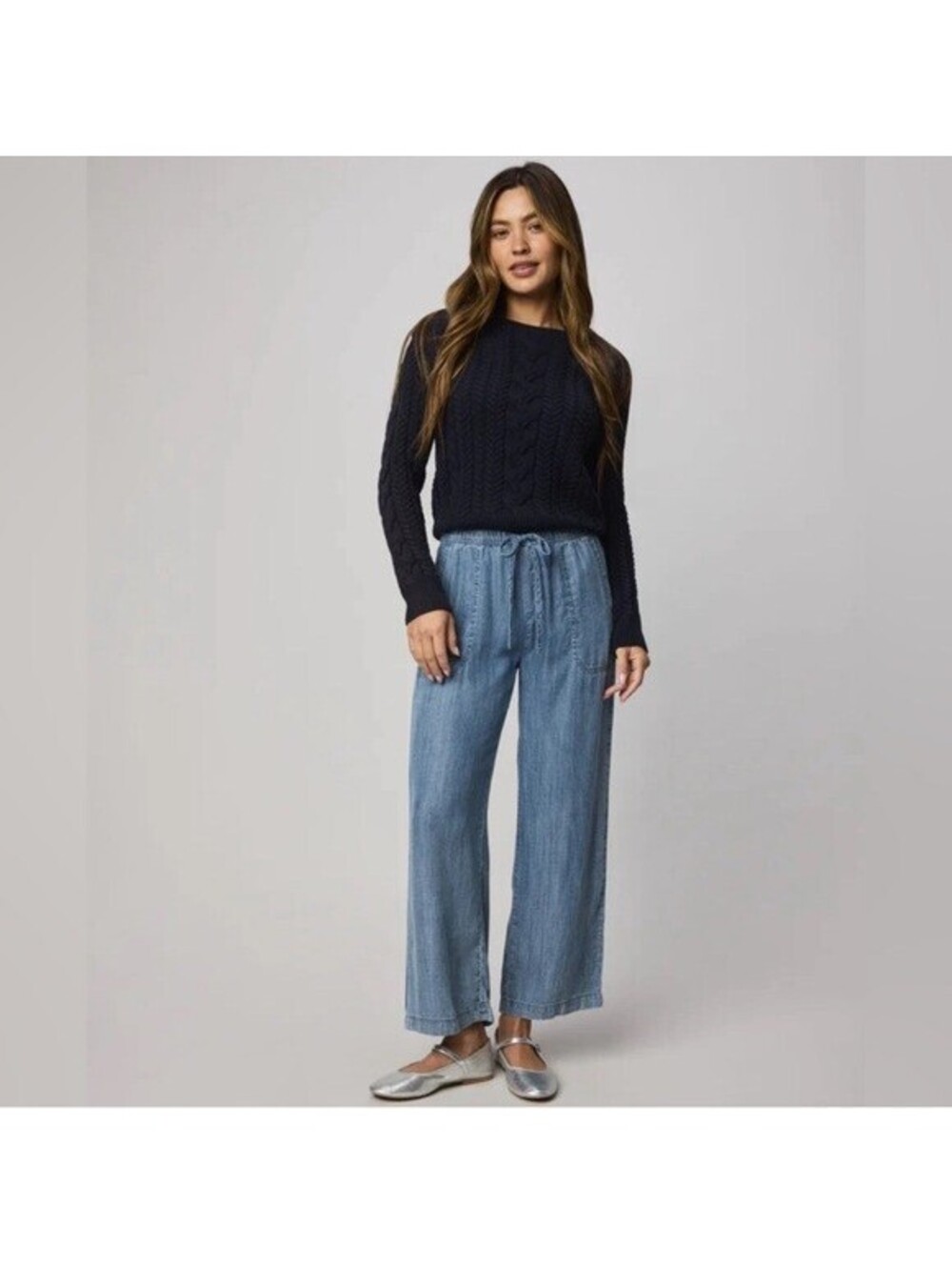 Splendid Women's Angie Chambray Indigo Medium Wide Leg Drawstring Trousers Pants